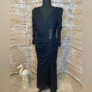 ADRIANNA PAPELL GOWN | Ruched Long Sleeve Beaded Formal Blue Size 10